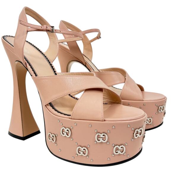 New Gucci Interlocking GG Studded Platfrom Sandals Leather Size 42 - Picture 2 of 10